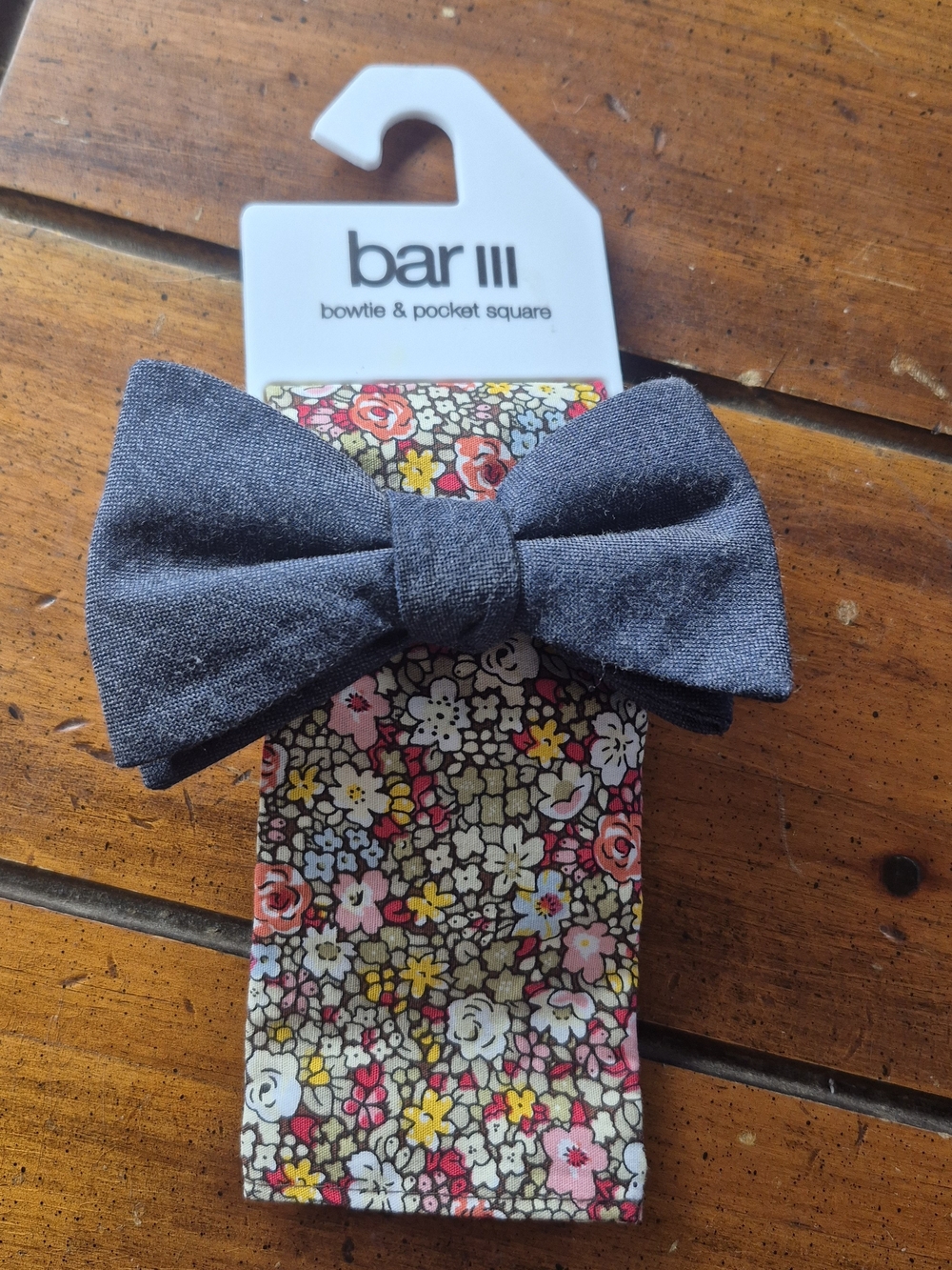 Bar III Charcoal Bow Tie with Floral Pocket Square